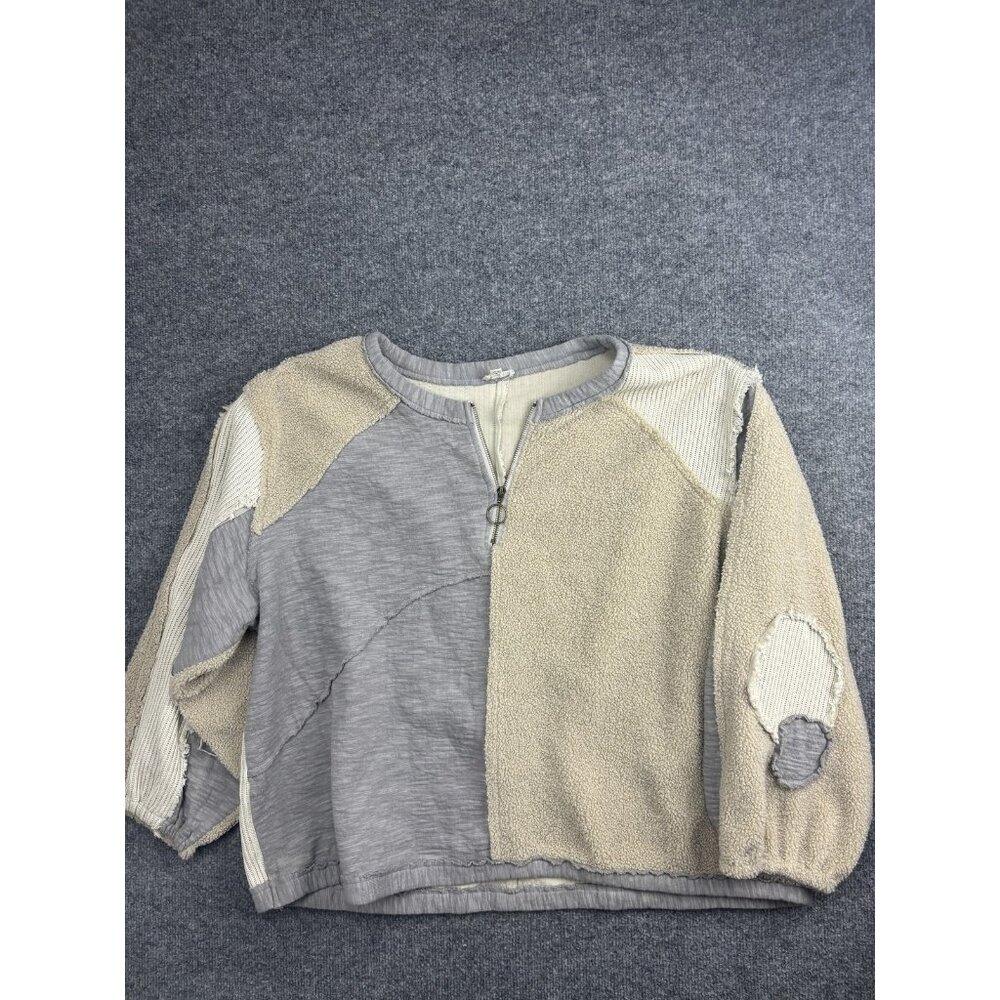 POL Sweatshirt Womens Large Beige Patchwork Colorblock Fleece 1/2 Zip GWT93